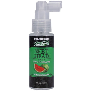 Bottle of Wet Head dry mouth spray with watermelon flavor on a white background