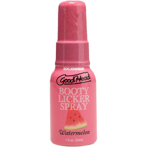 Pink bottle of Goodhead Booty Licker Spray with watermelon flavor on a white background