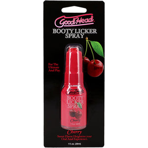 GoodHead Booty Licker Spray packaging with cherry flavor on a black background