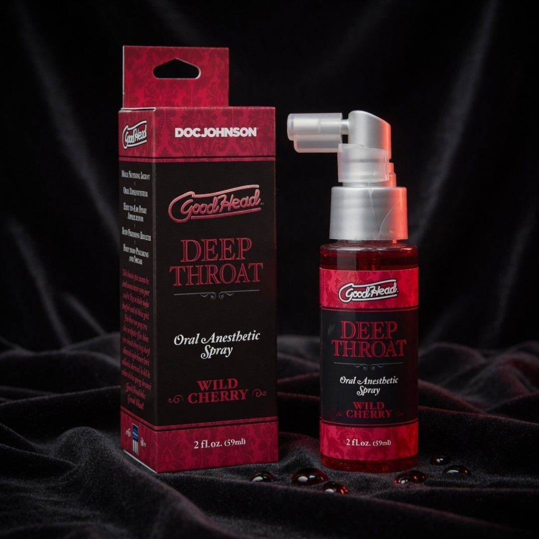 GoodHead Deep Throat Oral Anesthetic Spray packaging and bottle on a dark background