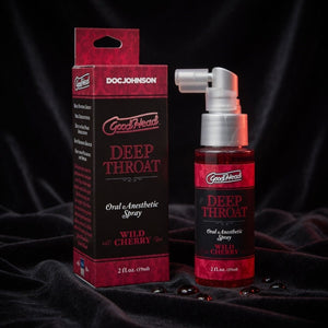 GoodHead Deep Throat Oral Anesthetic Spray packaging and bottle on a dark background