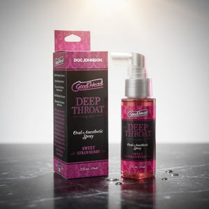 GoodHead Deep Throat Oral Anesthetic Spray with packaging on a reflective surface