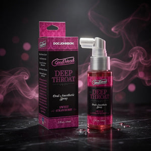 GoodFriend Deep Throat Oral Anesthetic Spray with packaging on a dark background
