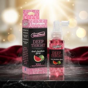 GoodHead Deep Throat Oral Anesthetic Spray packaging with watermelon flavor on a blurred background
