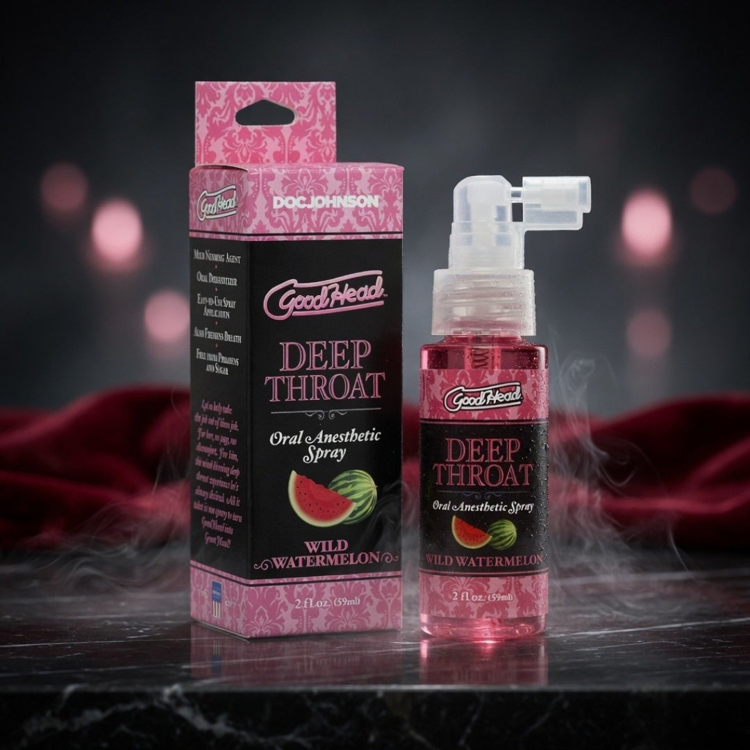 GoodHead Deep Throat Oral Anesthetic Spray packaging and bottle on a dark background with red accents.