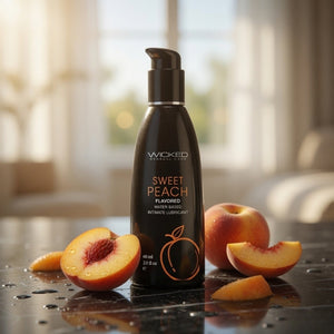 Bottle of Wicked Sweet Peach flavored lubricant with peaches on a reflective surface.