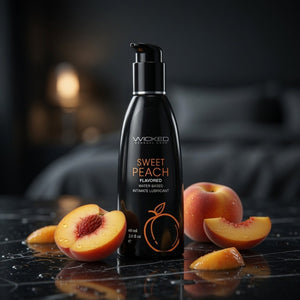 Bottle of Wicked Sweet Peach flavored lubricant with peaches on a dark surface