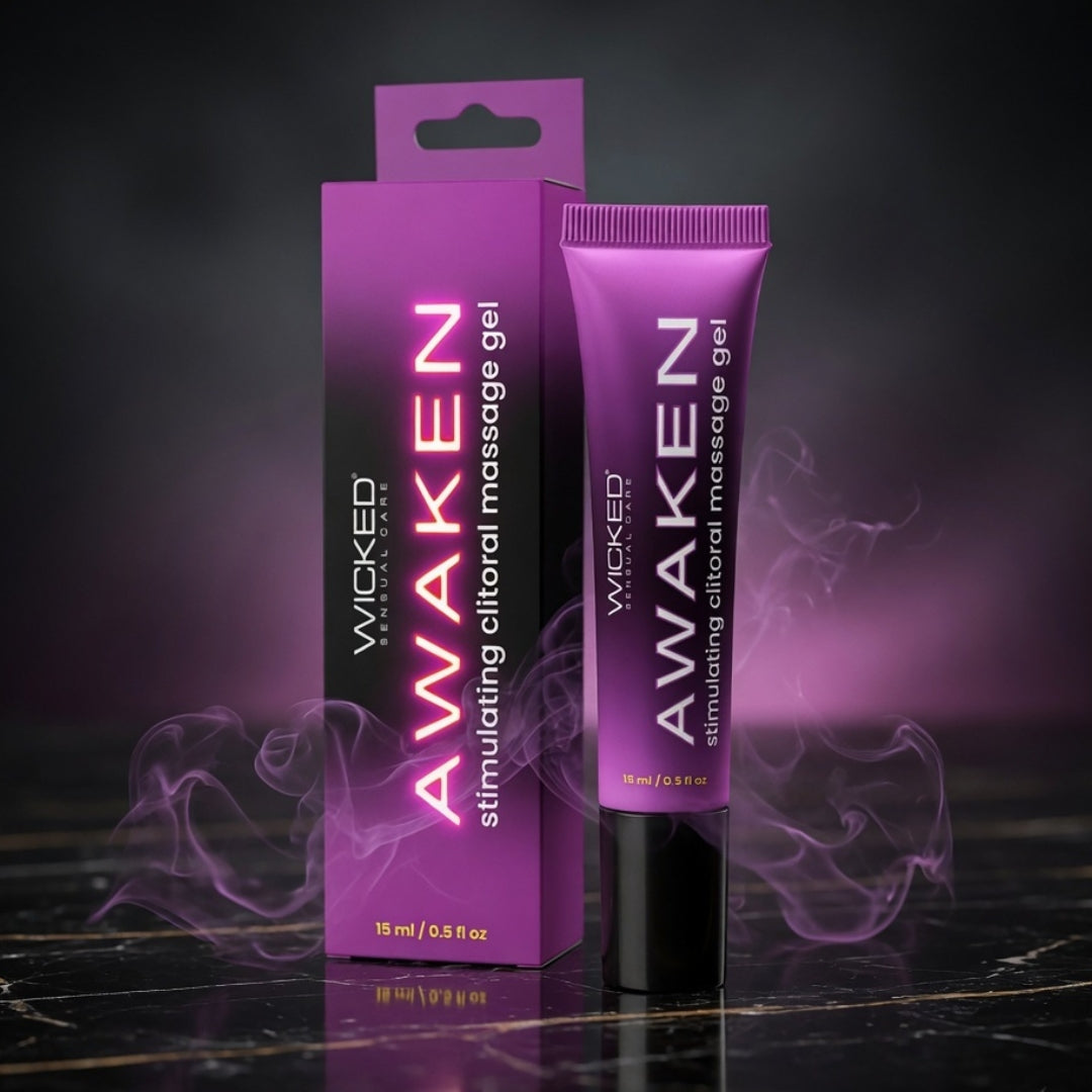 Wicked Awaken product packaging with purple smoke effect on a dark background