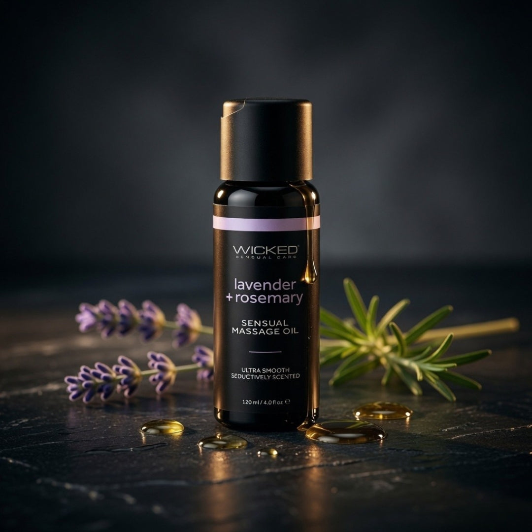 Bottle of Wicked Sensuals lavender and rosemary massage oil on a dark surface with lavender flowers and leaves.