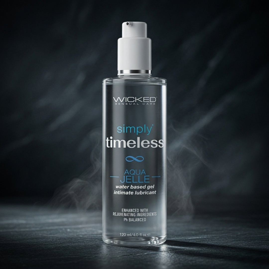 Bottle of Wicked Sensual Care 'simply timeless' lubricant on a dark background