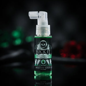 Green spray bottle labeled 'Suck It' on a dark background