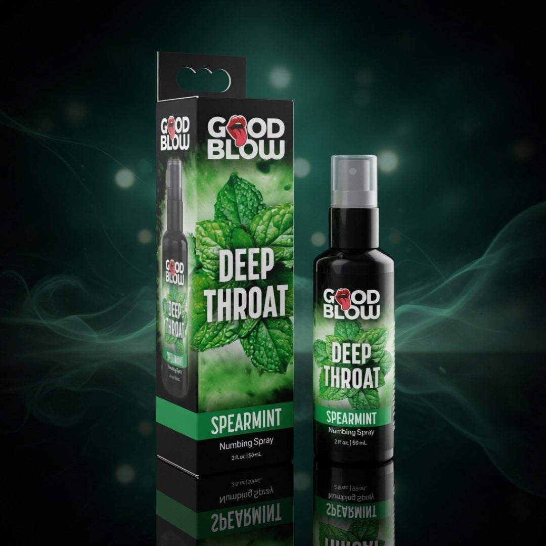 Good Blow Deep Throat Spearmint numbing spray packaging and bottle on a dark background