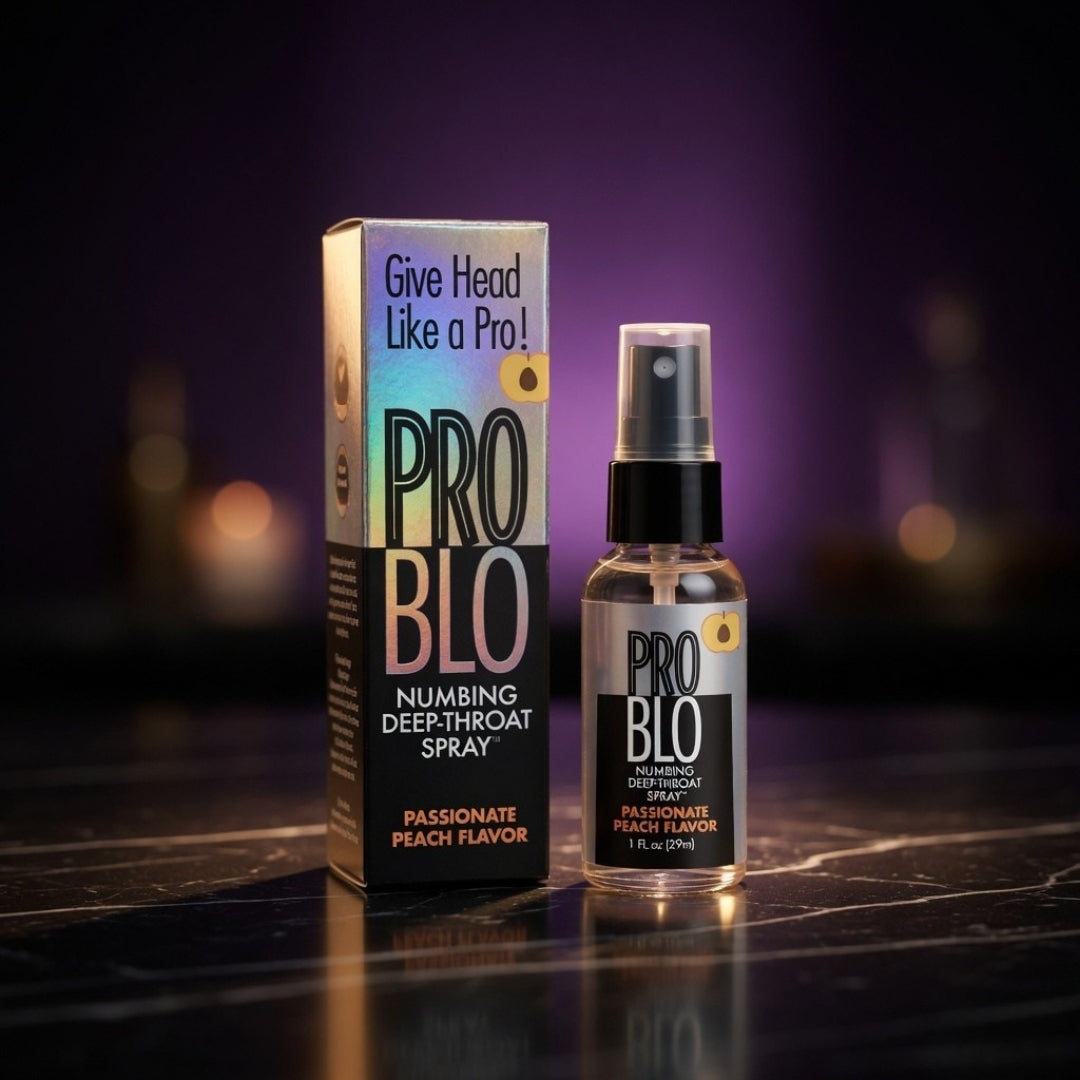 PRO BLO numbing deep-throat spray with packaging on a dark surface and blurred background
