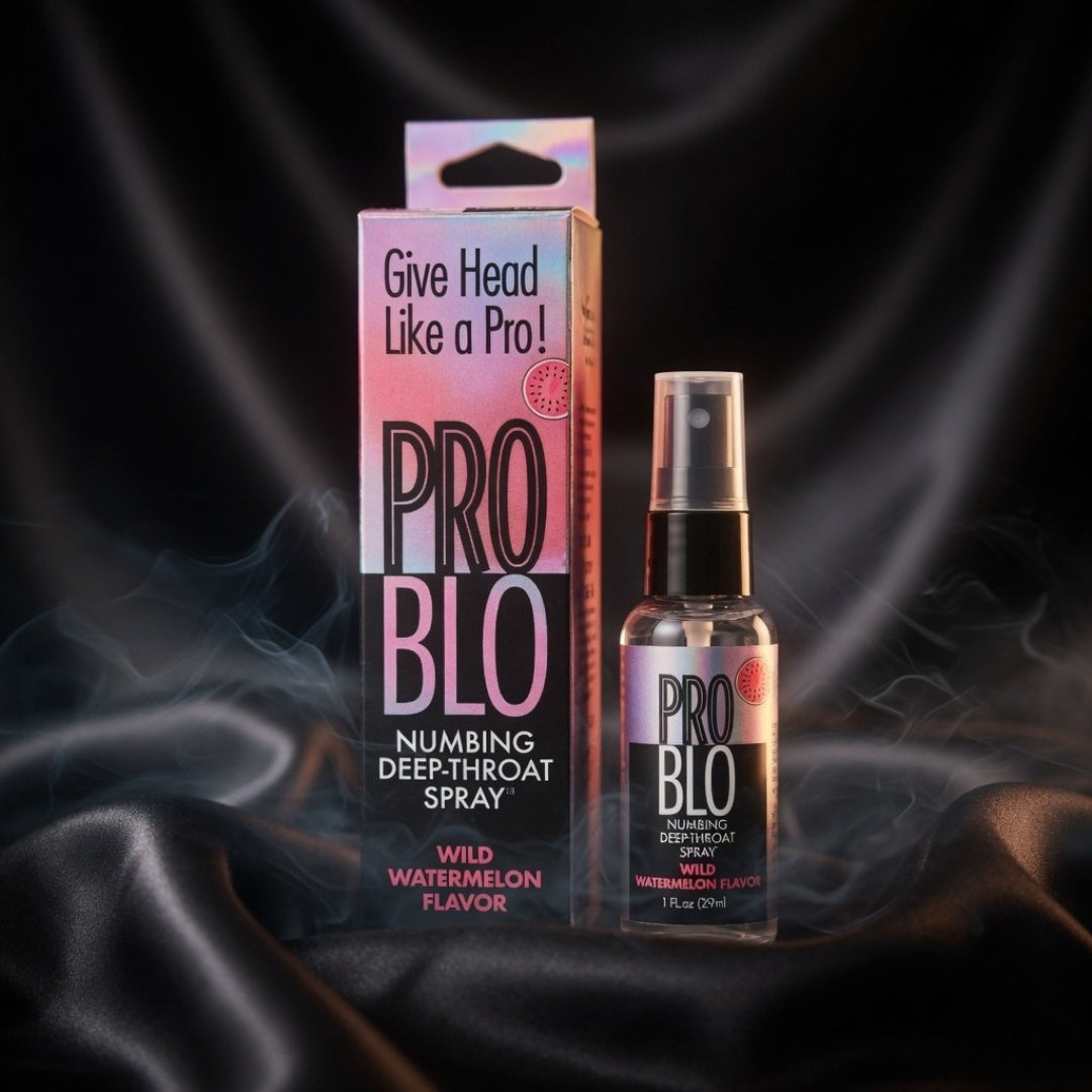 PRO BLO numbing deep-throat spray packaging and bottle on a dark background with smoke effects.