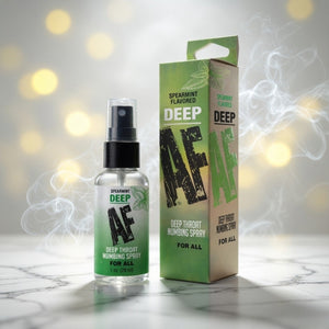 Spray bottle and packaging of Spearmint Flavored Deep AF Deep Throat Numbing Spray on a light background.