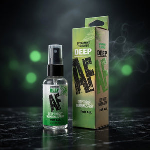 Spearmint-flavored DEEP deep throat numbing spray bottle and packaging on a dark surface with green bokeh.