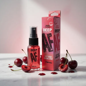 DEEP AF cherry-flavored spray bottle and packaging with cherries on a light background