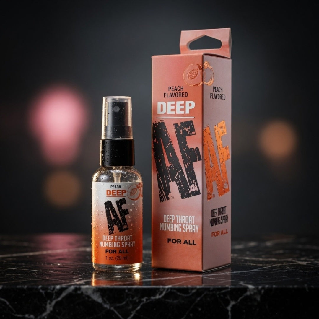 Peach flavored DEEP AF deep throat numbing spray bottle and packaging on a dark surface with blurred background.