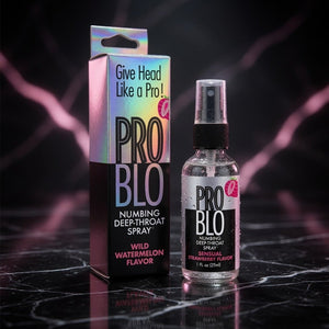 PRO BLO numbing deep-throat spray with packaging on a dark background