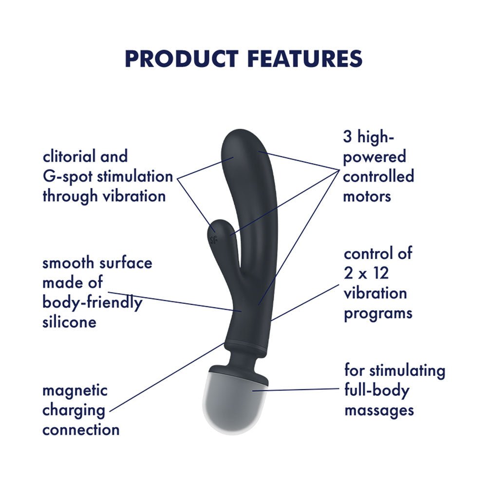 Satisfyer Triple Lover - Grey USB Rechargeable Rabbit Vibrator & Massage Wand