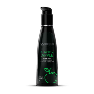 Black bottle of Wicked Candy Apple flavored water-based lubricant on a white background