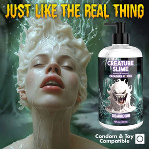 Bottle of 'Creature Slime' with a person covered in slime, text 'Just Like The Real Thing'.