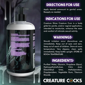 Bottle of 'Creature Slime Creature Cum' with product details on a dark background