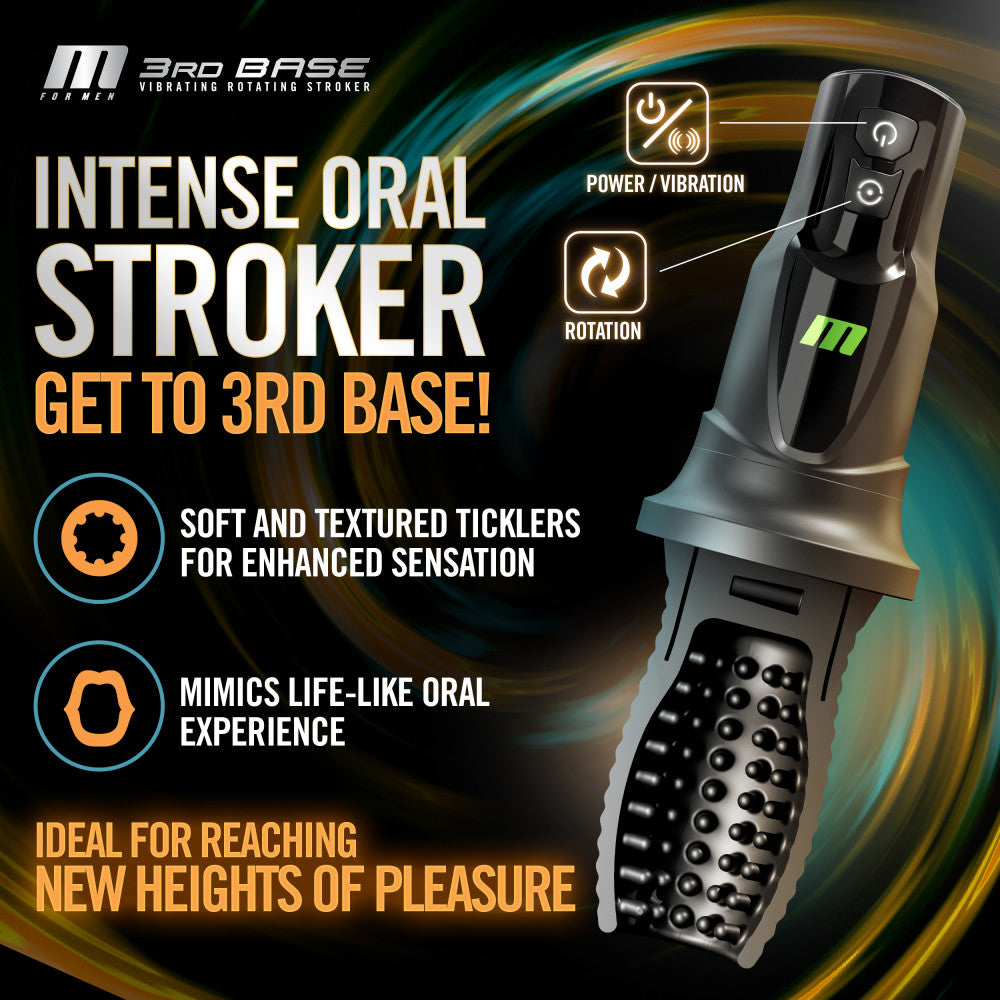 M For Men - 3rd Base - Black USB Rechargeable Vibrating & Rotating Auto Stroker - Body-Safe Wellness Device