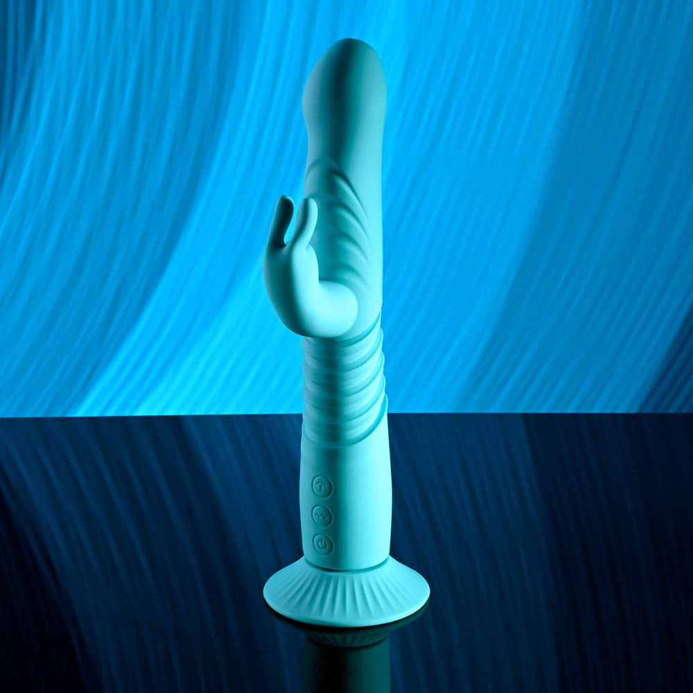 Evolved BUNNY HOP - Teal 25.1 cm USB Rechargeable Thrusting Rabbit Vibrator with Suction Base - Body-Safe Silicone for Wellness and Pleasure