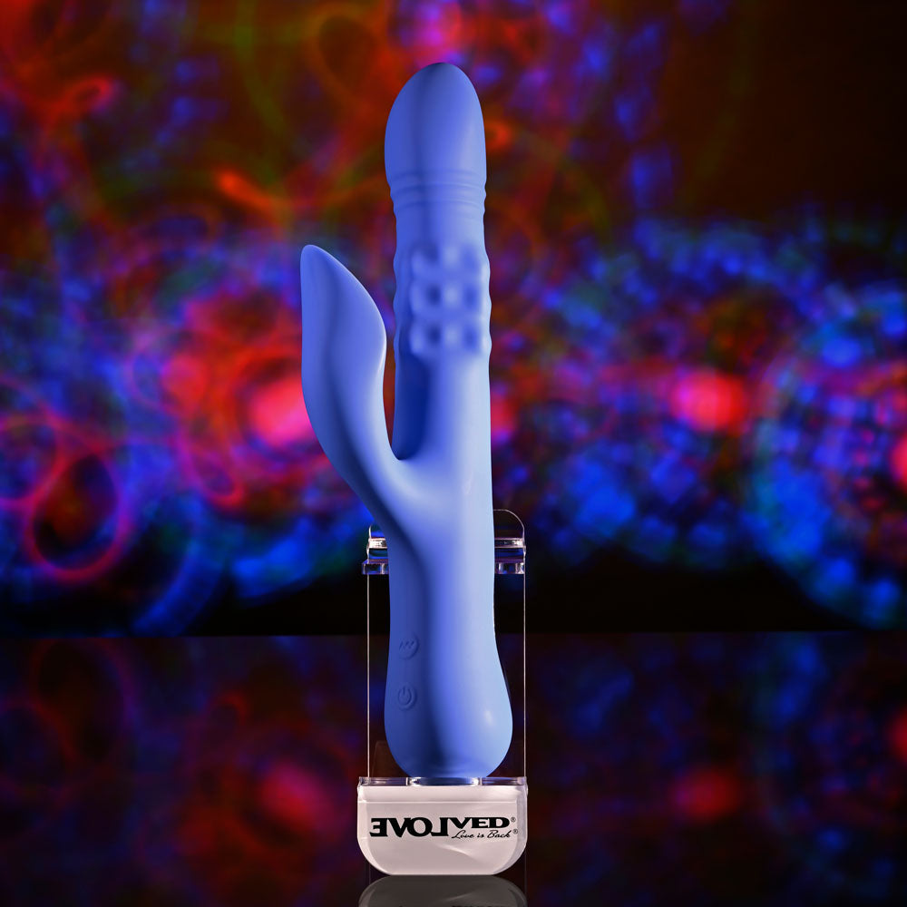 Evolved POP GOES THE O - Purple 24.7 cm USB Rechargeable Thrusting & Bulging Rabbit Vibrator - Body-Safe Silicone for Enhanced Pleasure