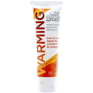 Tube of Wet Stuff warming water-based personal lubricant on a white background