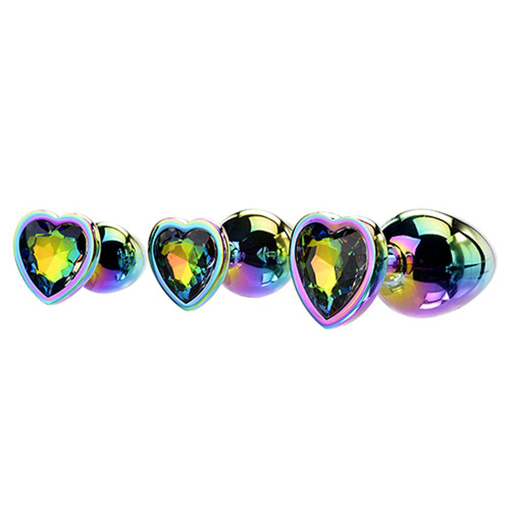 Rainbow Heart Gem Anal Training Set – Multicoloured Metal Anal Plugs with Gem Bases – 3 Size Variety for Comfortable Exploration