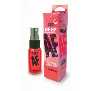 Pink spray bottle and packaging labeled 'DEEP AF' on a white background