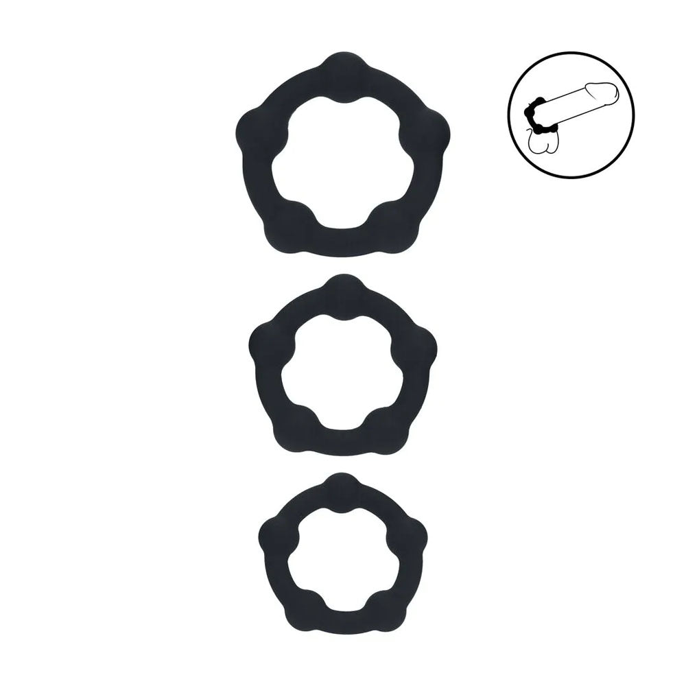 LEVELZ Body-Safe Silicone Beaded Cock Ring Set – 3 Sizes in Black (Enhance Pleasure, Comfortable Fit)