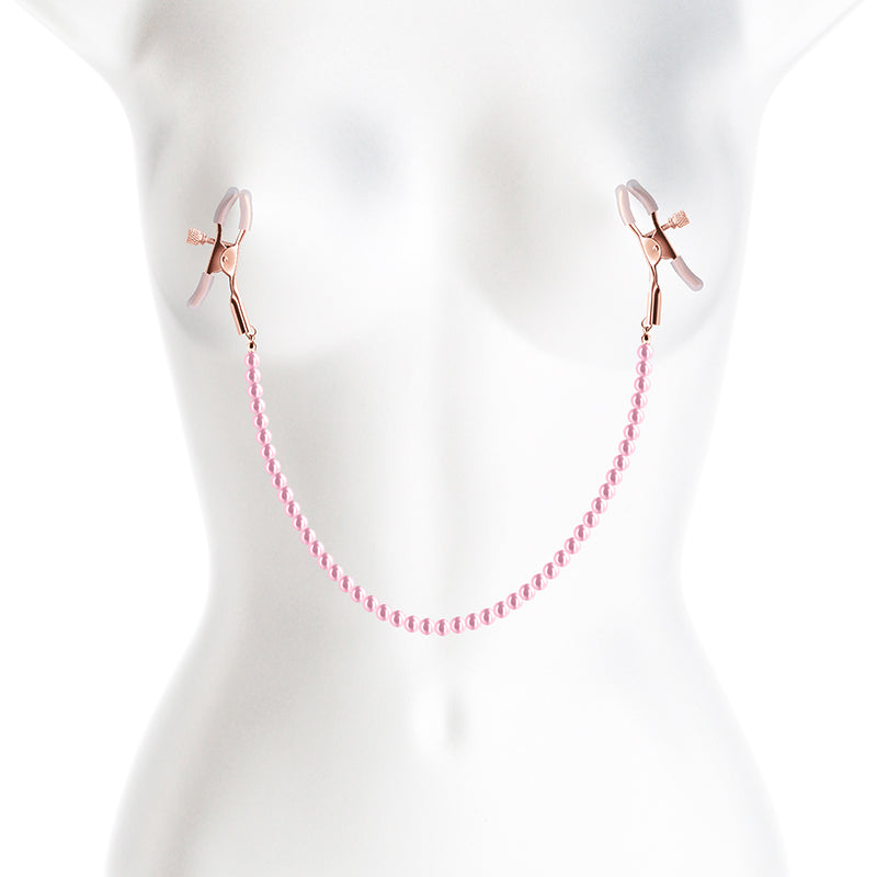 Bound Nipple Clamps - Elegant Pink & Gold Design with Pearl Chain for Enhanced Sensation
