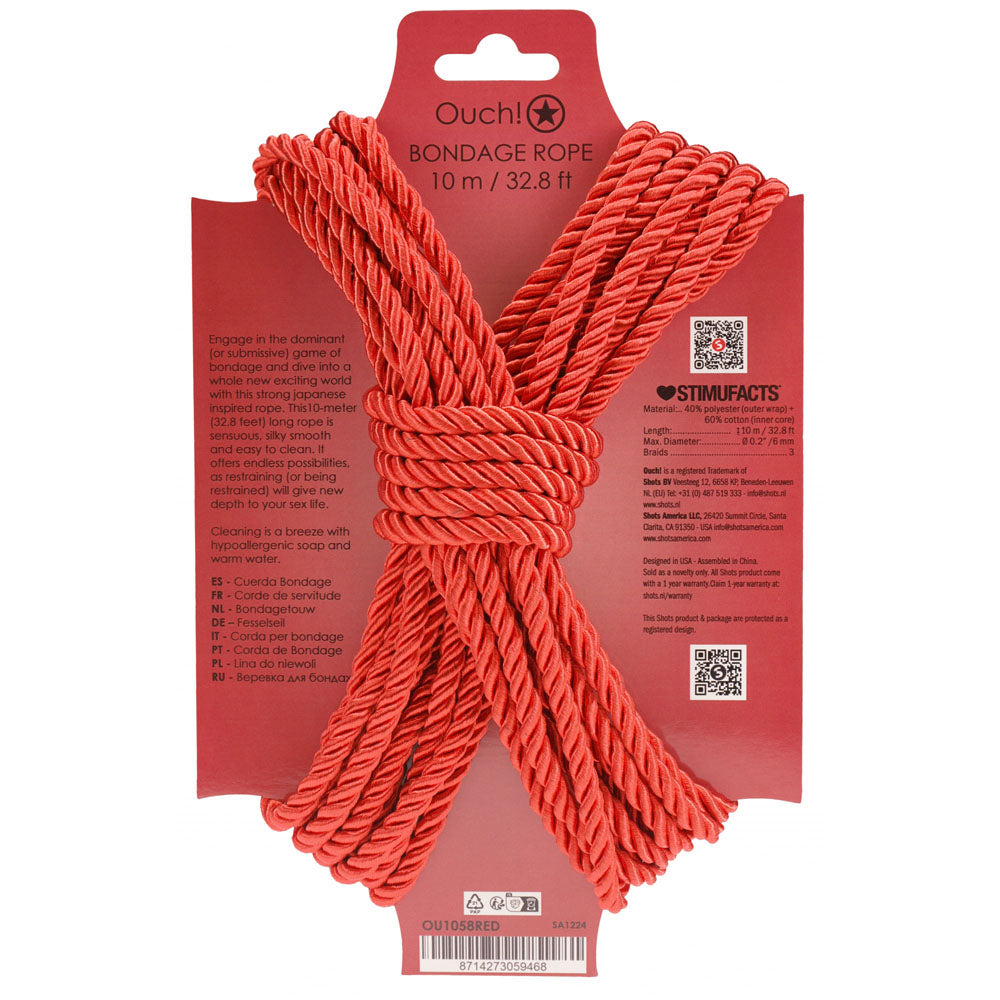 OUCH! 10m Bondage Rope - Durable Red Nylon Restraint Rope for Safe and Comfortable Play