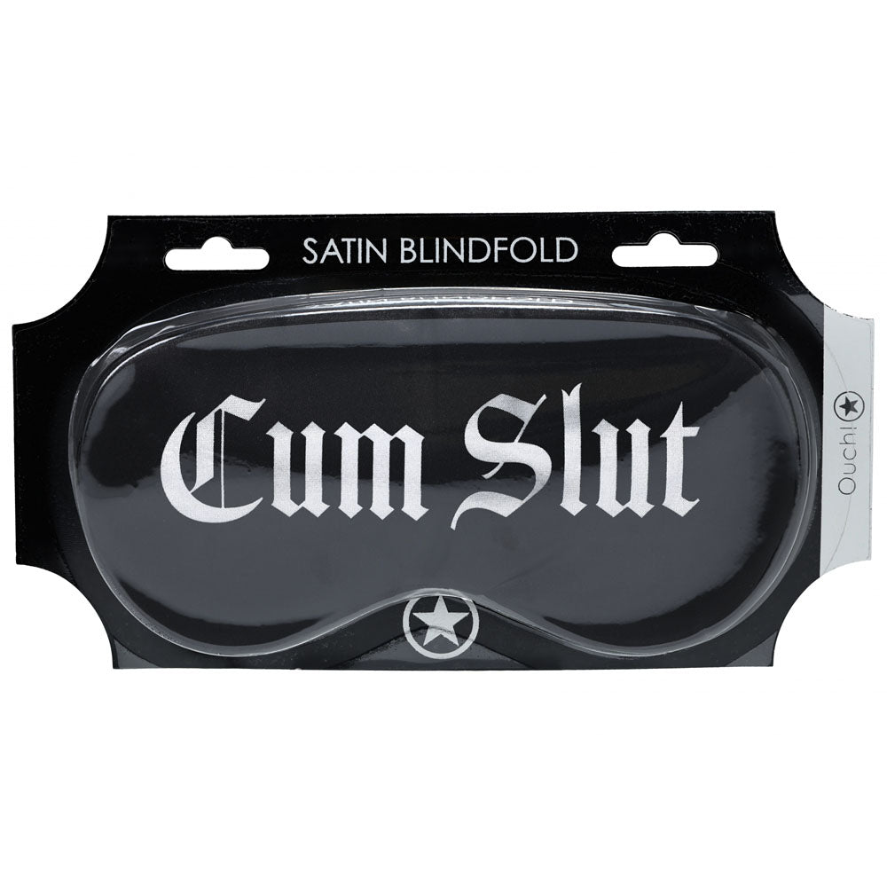 OUCH! black satin blindfold printed Cum Slut