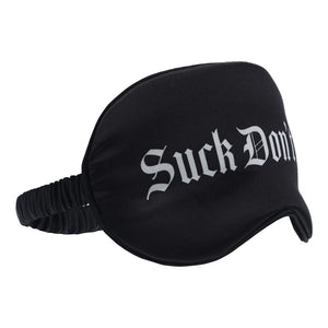 OUCH! black satin blindfold printed Suck Don't Bite – image 3