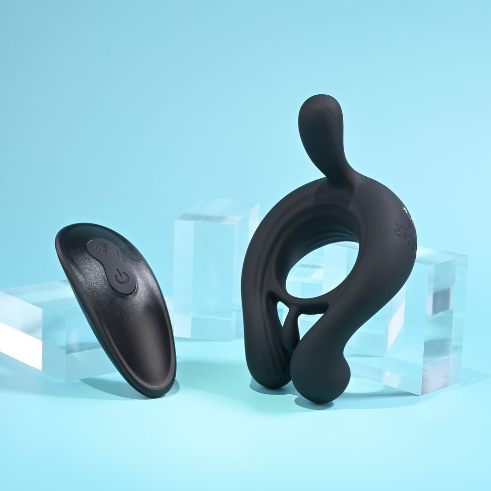Playboy Pleasure Triple Play - Black USB Rechargeable Cock Ring with Wireless Remote Control for Enhanced Intimacy