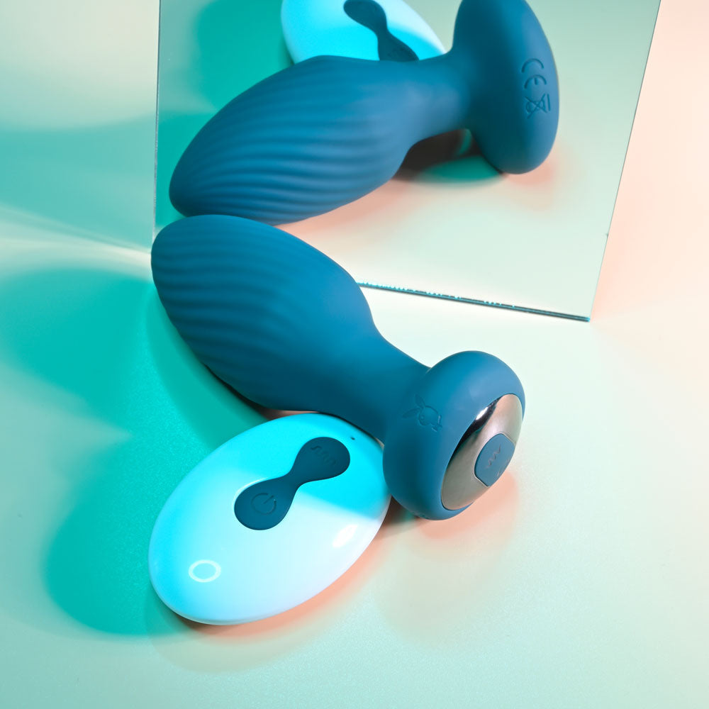 Playboy Pleasure SPINNING TAIL TEASER - Blue 9.7 cm USB Rechargeable Vibrating & Rotating Anal Stimulator with Wireless Remote Control