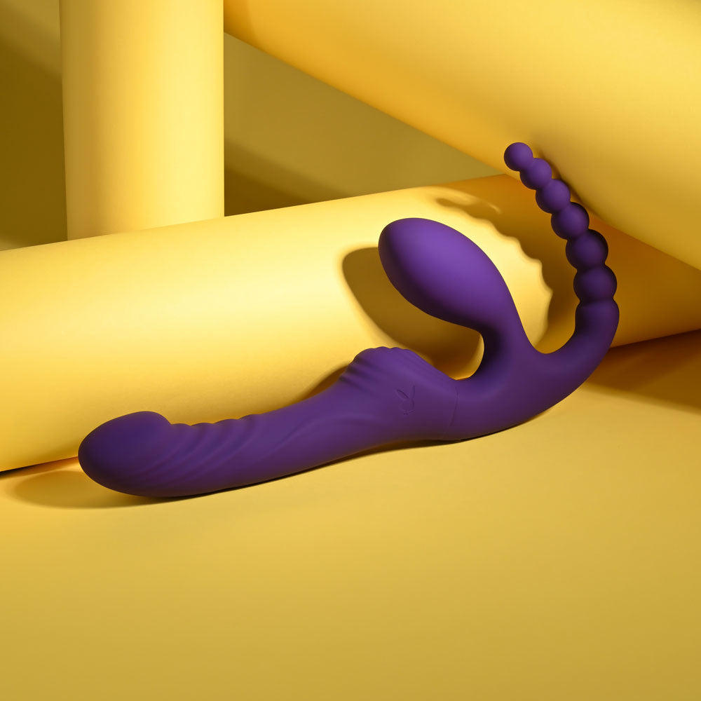 Playboy USB Rechargeable Strap-On – Body-Safe Silicone – 29 cm – Purple