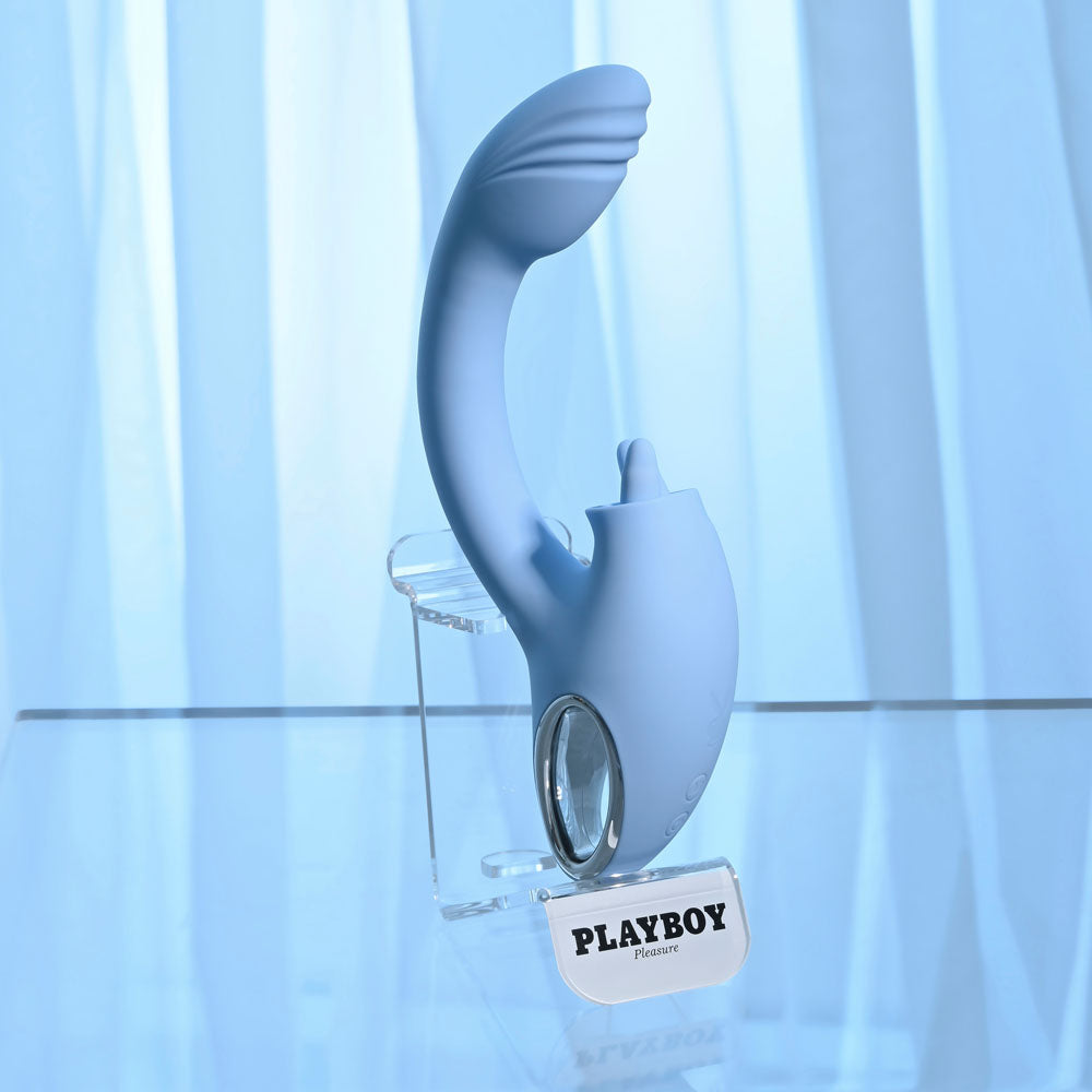 Playboy Pleasure SAPPHIRE SKY - 21.6 cm USB Rechargeable Vibrator with Dual Tongue Stimulation - Body-Safe Silicone, Gender-Neutral Wellness Product