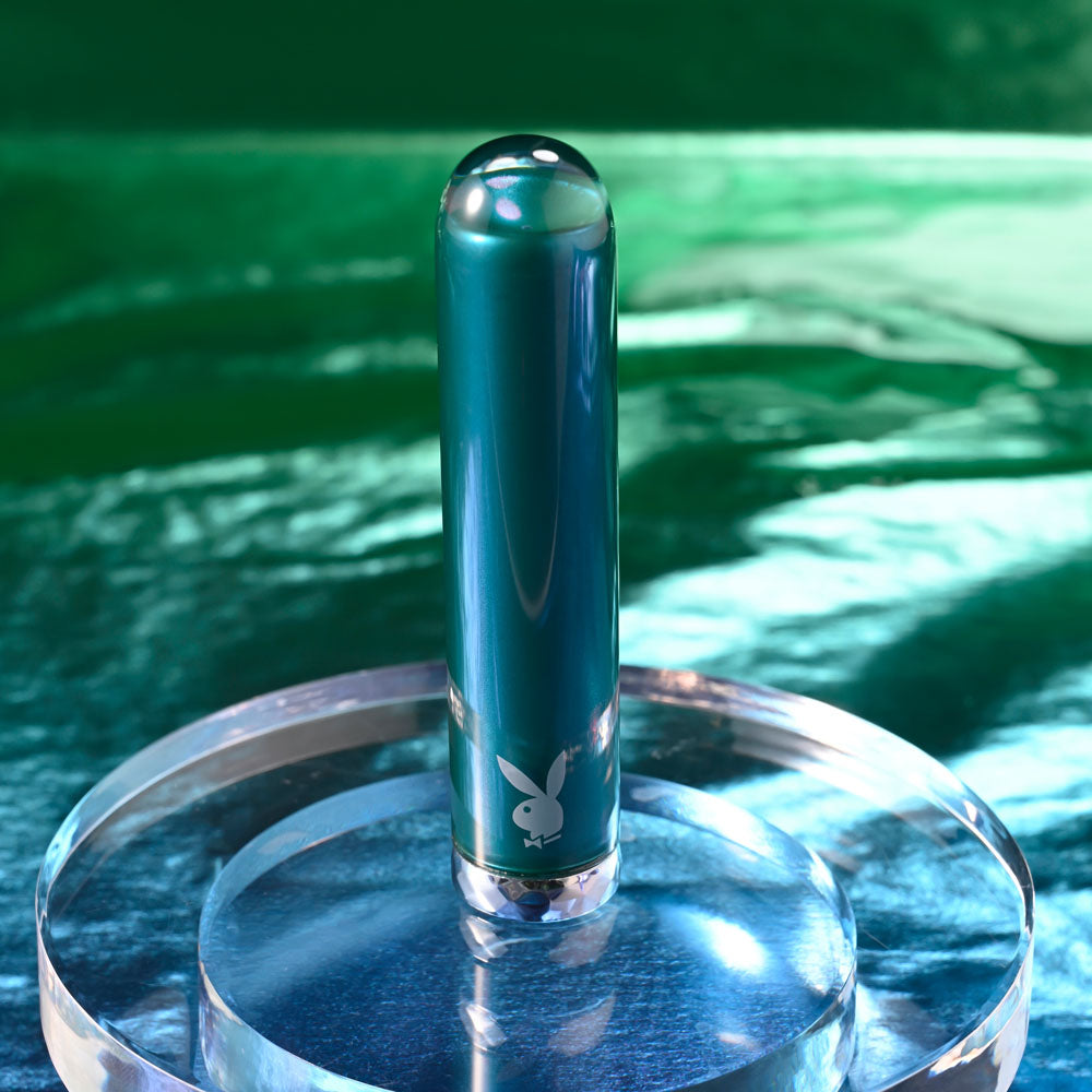 Playboy Pleasure EMERALD - Blue 9.1 cm USB Rechargeable Glass-Tipped Bullet Vibrator - Body-Safe, Wellness-Focused Design