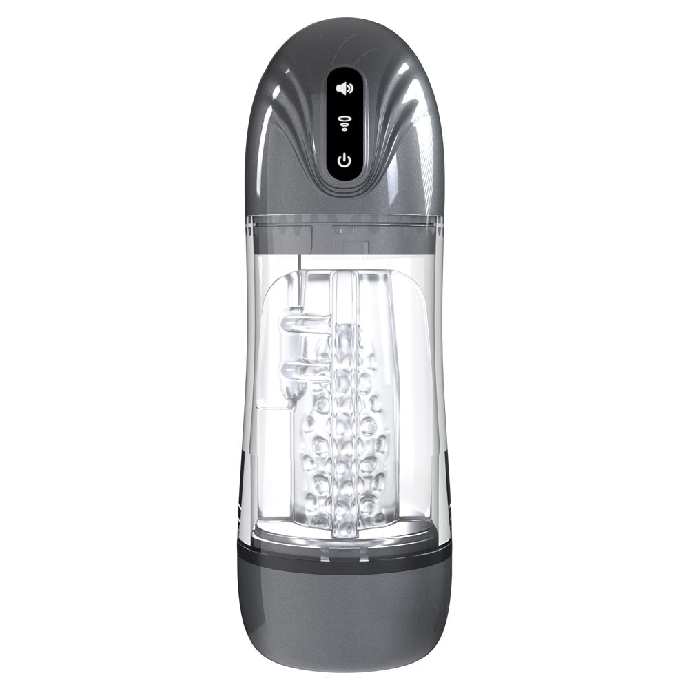 PUMPED Rechargeable Masturbator – Auto Sucking & Vibrating – Body-Safe Silicone – Gunmetal Grey