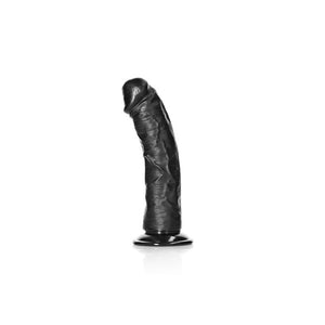 Side view of the black REALROCK dildo showing its G-spot curve and veined shaft