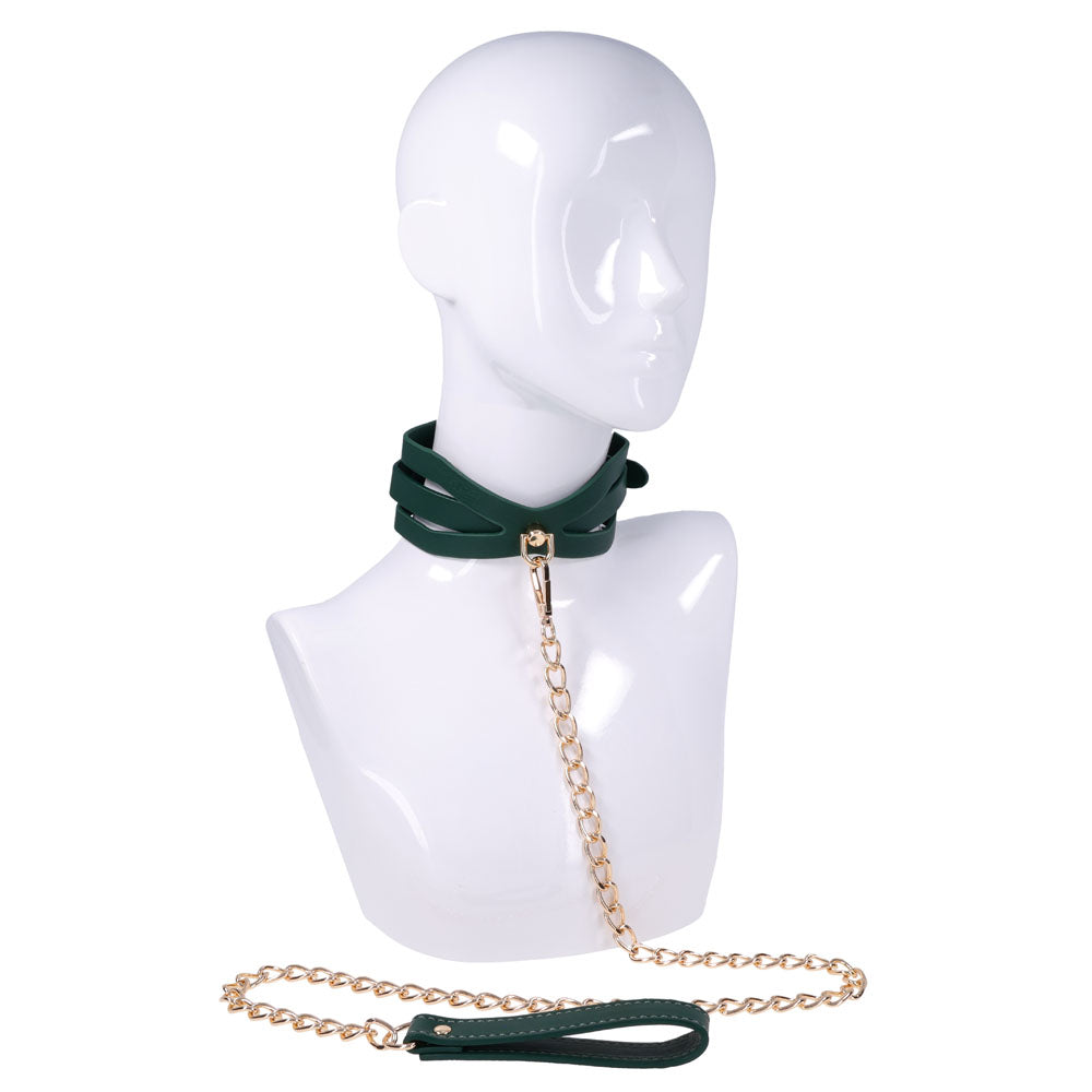 Sex & Mischief Bondage Toy – Cutout Collar and Leash – Green/Gold