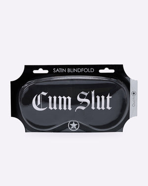 OUCH! black satin blindfold printed Cum Slut