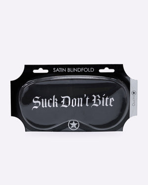 OUCH! black satin blindfold printed Suck Don't Bite