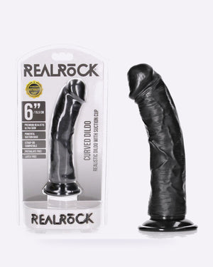REALROCK 15.5 cm curved realistic dildo with suction cup in black, shown with packaging