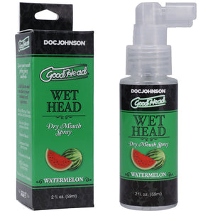Doc Johnson Good Head Wet Head Dry Mouth Spray packaging and bottle on a white background